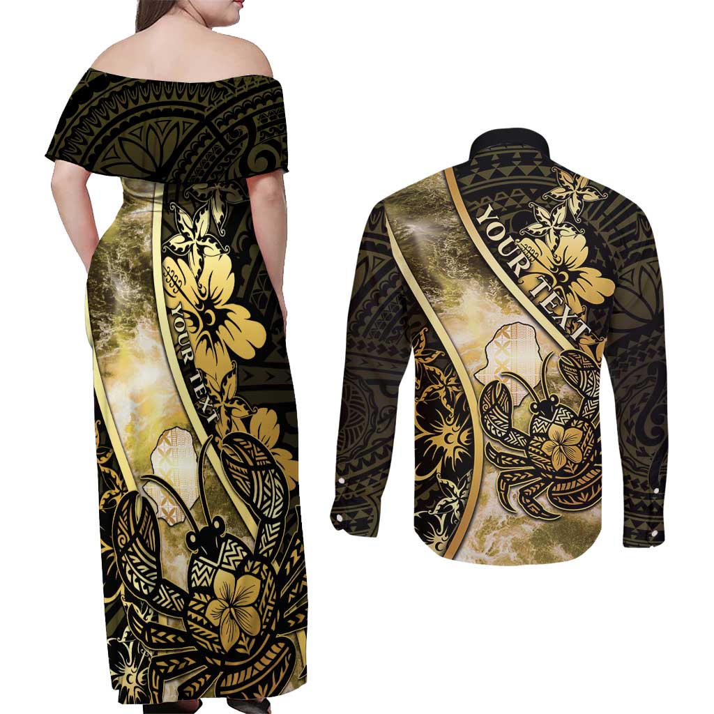 Personalised Niue Couples Matching Off Shoulder Maxi Dress and Long Sleeve Button Shirt Niuean Crab Waves Style
