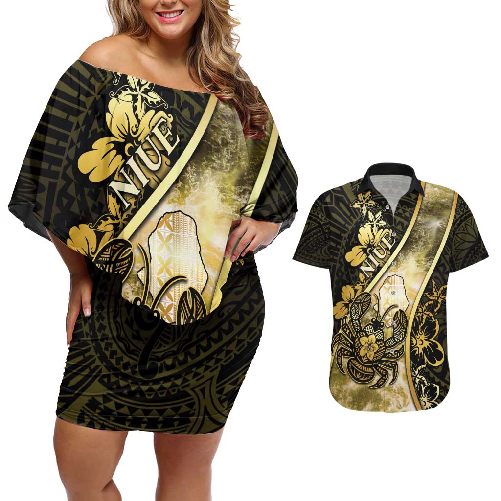 Personalised Niue Couples Matching Off Shoulder Short Dress and Hawaiian Shirt Niuean Crab Waves Style