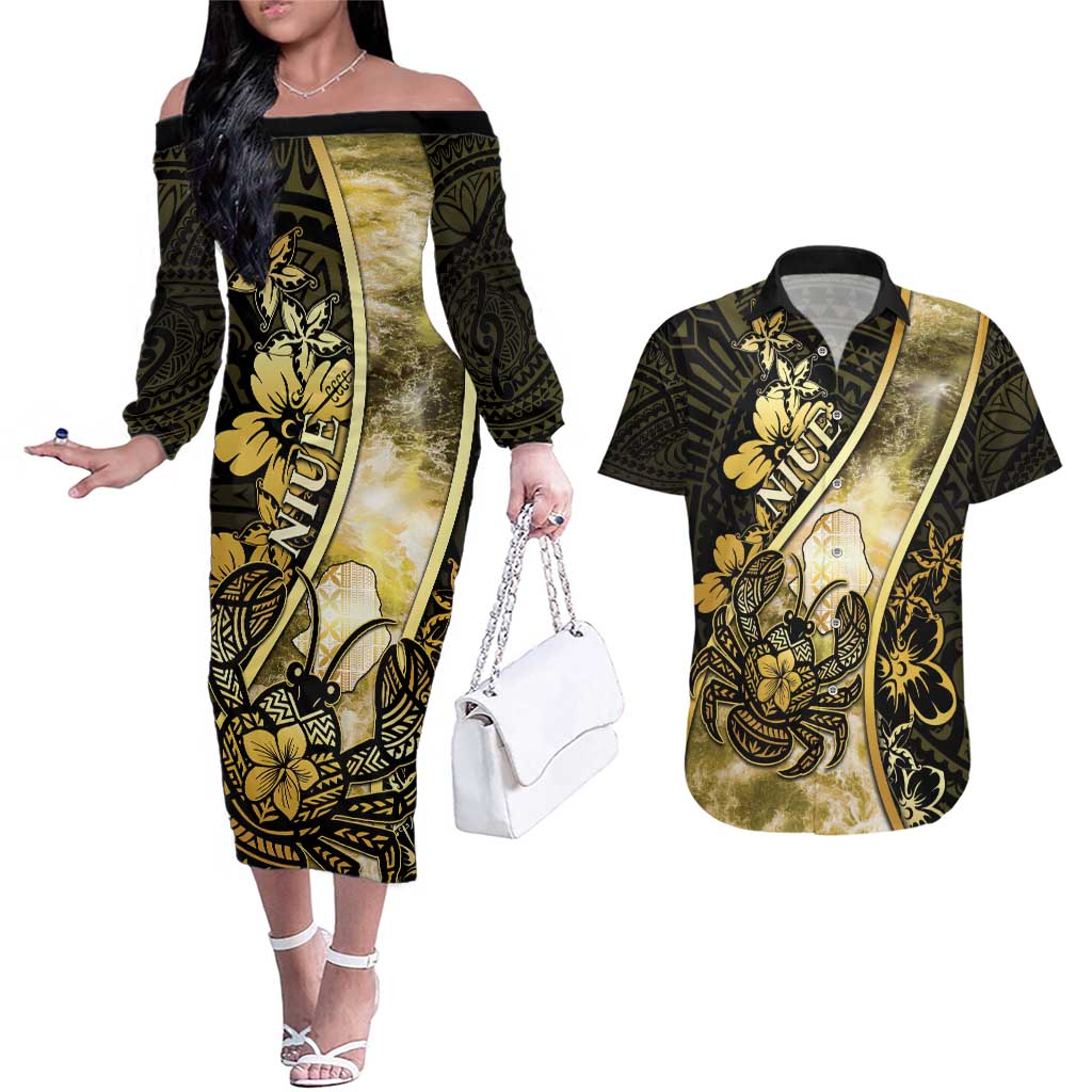 Personalised Niue Couples Matching Off The Shoulder Long Sleeve Dress and Hawaiian Shirt Niuean Crab Waves Style