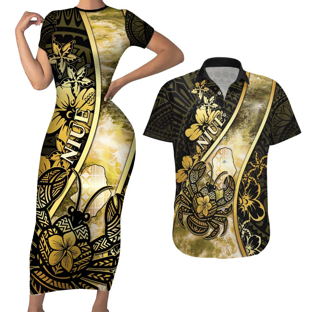 Personalised Niue Couples Matching Short Sleeve Bodycon Dress and Hawaiian Shirt Niuean Crab Waves Style