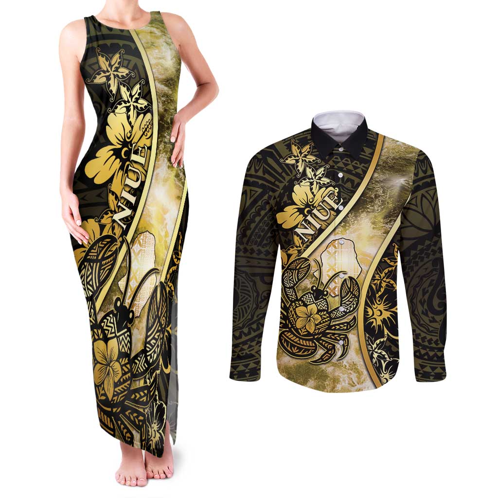 Personalised Niue Couples Matching Tank Maxi Dress and Long Sleeve Button Shirt Niuean Crab Waves Style