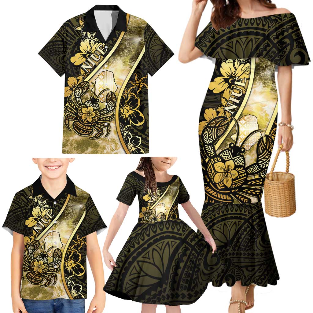 Personalised Niue Family Matching Mermaid Dress and Hawaiian Shirt Niuean Crab Waves Style
