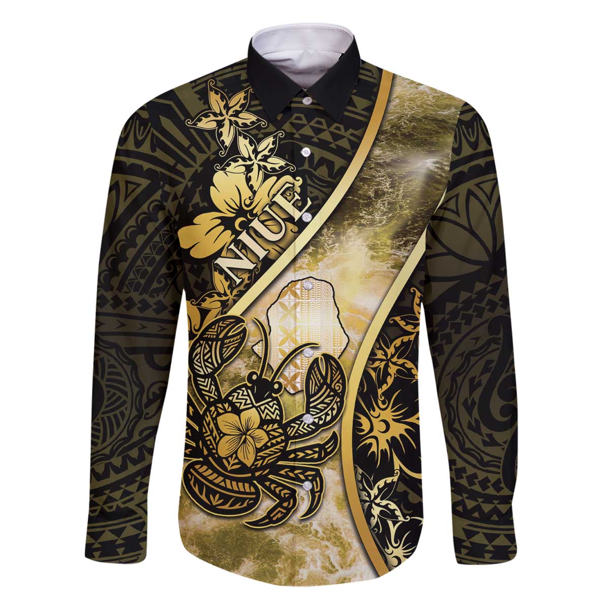 Personalised Niue Family Matching Off The Shoulder Long Sleeve Dress and Hawaiian Shirt Niuean Crab Waves Style