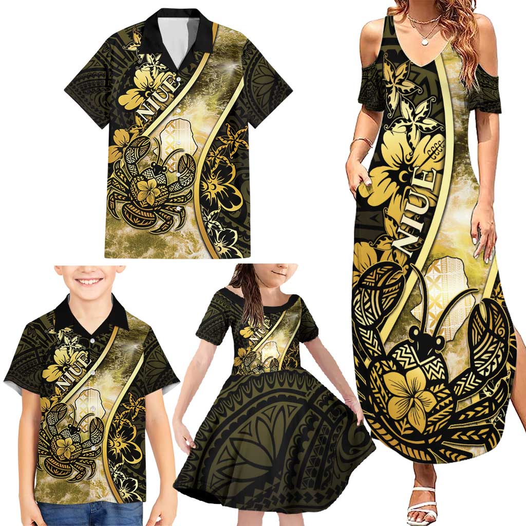 Personalised Niue Family Matching Summer Maxi Dress and Hawaiian Shirt Niuean Crab Waves Style