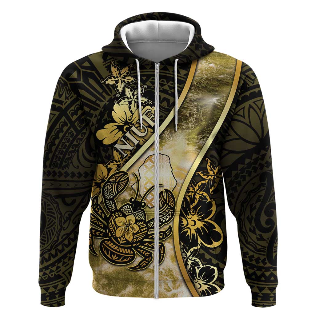 Personalised Niue Hoodie Niuean Crab Waves Style DT05 Zip Hoodie Gold - Polynesian Pride