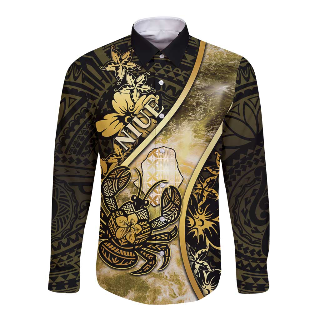 Personalised Niue Long Sleeve Button Shirt Niuean Crab Waves Style
