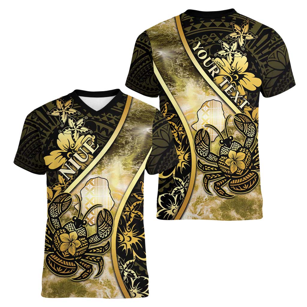 Personalised Niue Women V-Neck T-Shirt Niuean Crab Waves Style