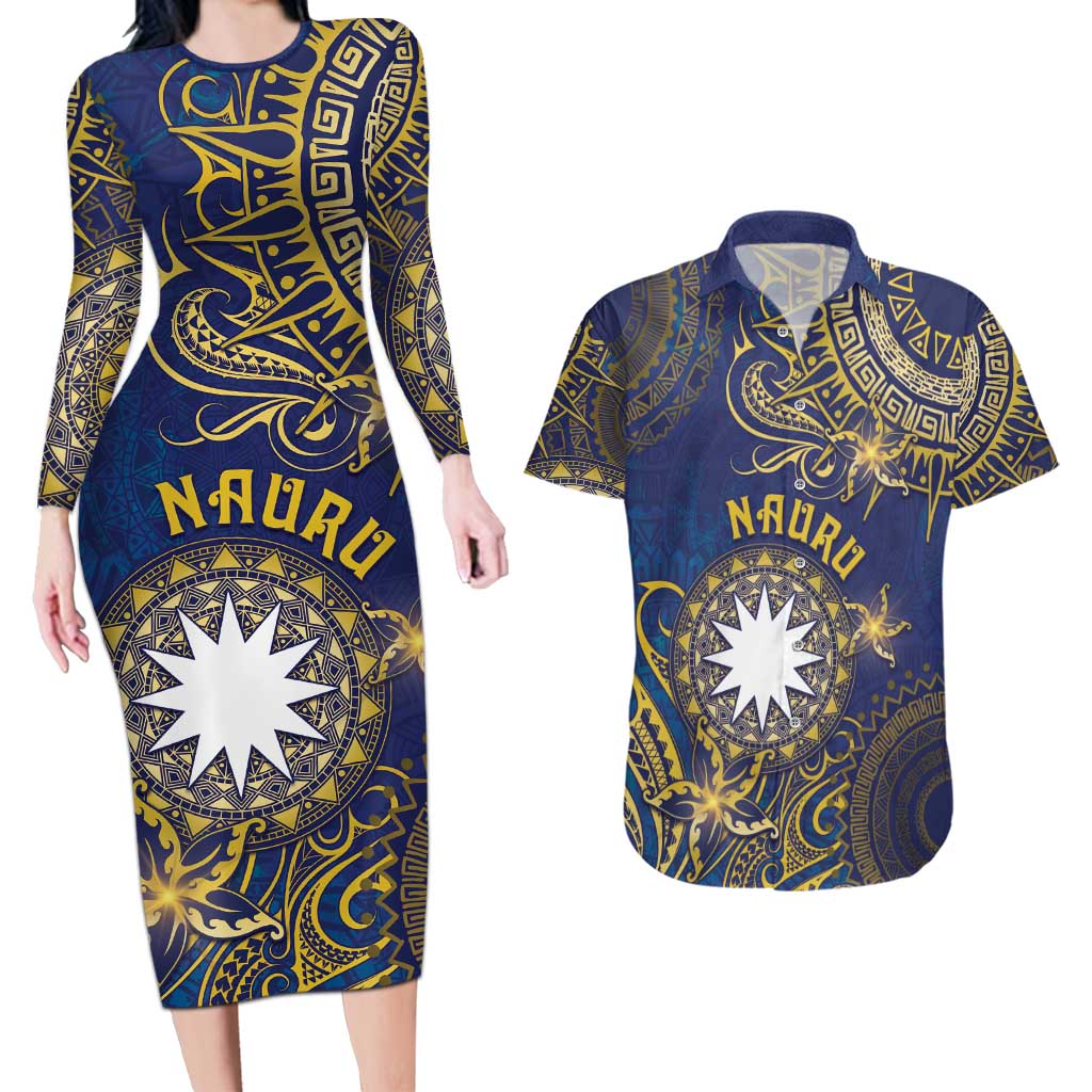 Personalised Nauru Couples Matching Long Sleeve Bodycon Dress and Hawaiian Shirt Hibiscus Polynesian Tribal Pattern DT05 Navy - Polynesian Pride