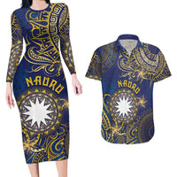 Personalised Nauru Couples Matching Long Sleeve Bodycon Dress and Hawaiian Shirt Hibiscus Polynesian Tribal Pattern DT05 Navy - Polynesian Pride