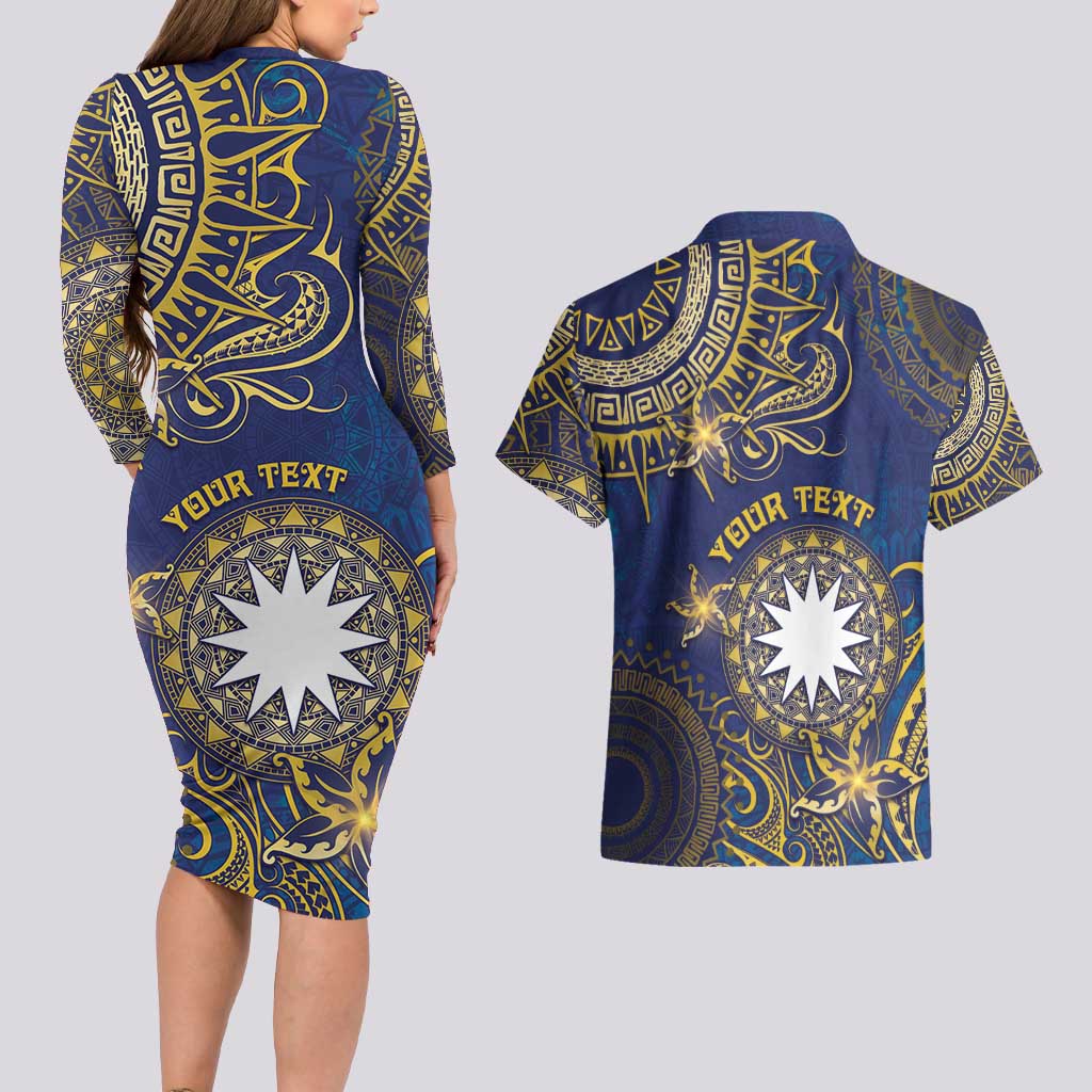 Personalised Nauru Couples Matching Long Sleeve Bodycon Dress and Hawaiian Shirt Hibiscus Polynesian Tribal Pattern DT05 - Polynesian Pride