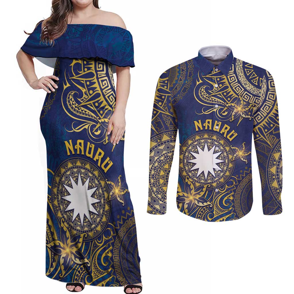 Personalised Nauru Couples Matching Off Shoulder Maxi Dress and Long Sleeve Button Shirt Hibiscus Polynesian Tribal Pattern DT05 Navy - Polynesian Pride