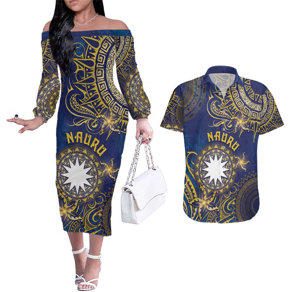 Personalised Nauru Couples Matching Off The Shoulder Long Sleeve Dress and Hawaiian Shirt Hibiscus Polynesian Tribal Pattern
