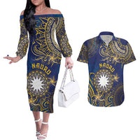 Personalised Nauru Couples Matching Off The Shoulder Long Sleeve Dress and Hawaiian Shirt Hibiscus Polynesian Tribal Pattern