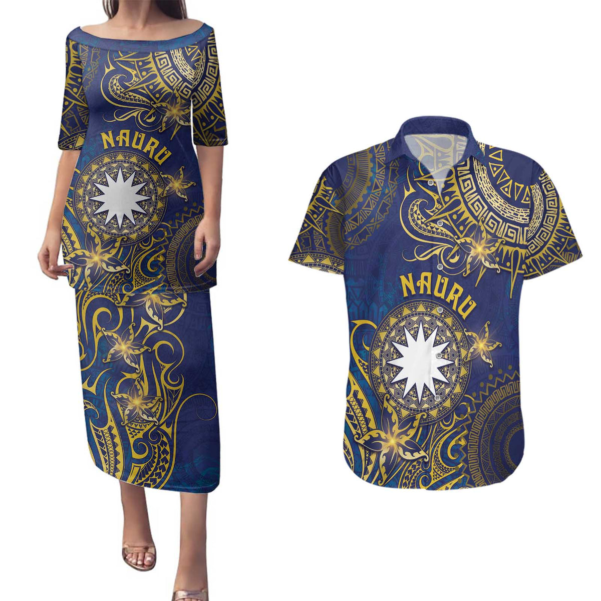Personalised Nauru Couples Matching Puletasi and Hawaiian Shirt Hibiscus Polynesian Tribal Pattern