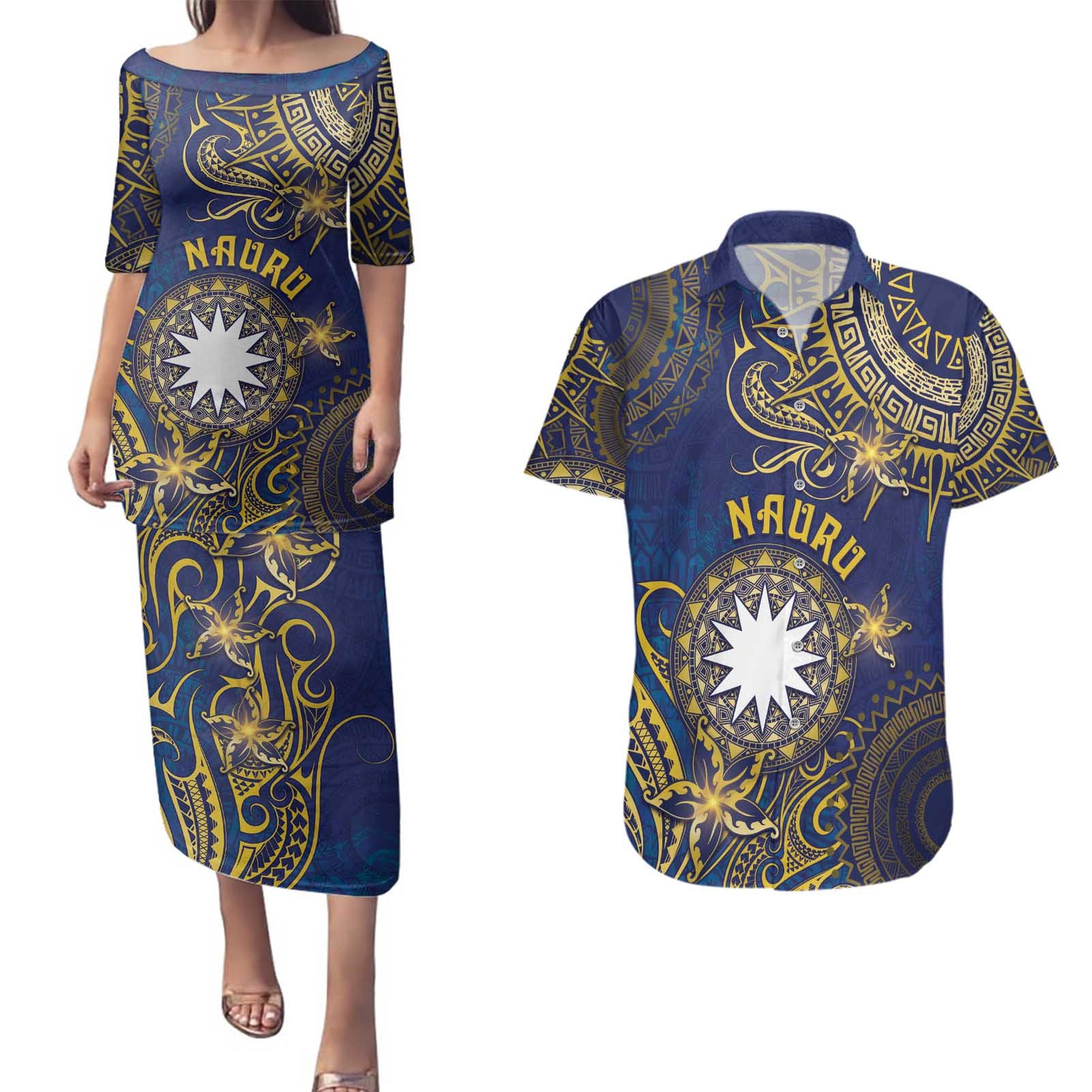 Personalised Nauru Couples Matching Puletasi and Hawaiian Shirt Hibiscus Polynesian Tribal Pattern DT05 Navy - Polynesian Pride