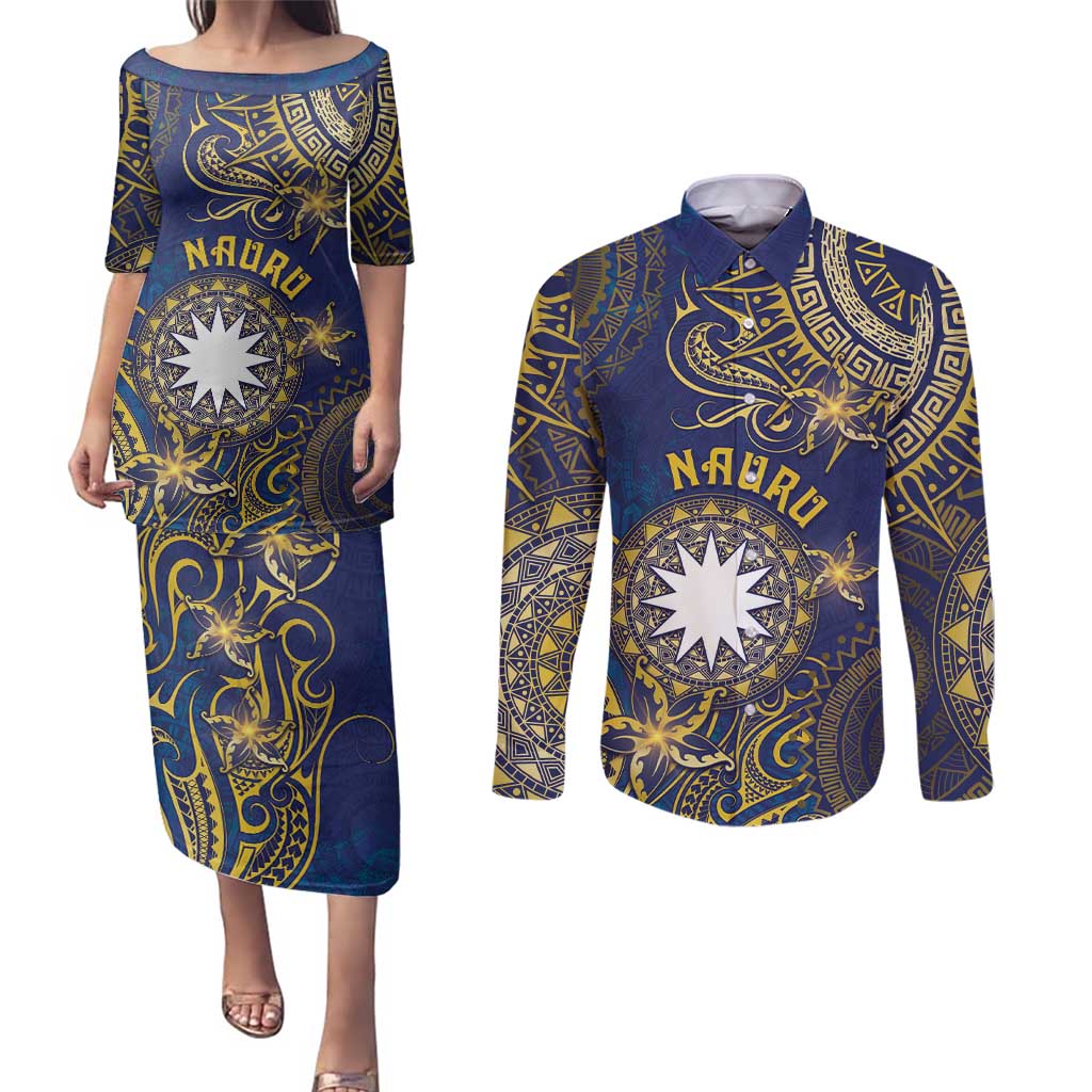 Personalised Nauru Couples Matching Puletasi and Long Sleeve Button Shirt Hibiscus Polynesian Tribal Pattern DT05 Navy - Polynesian Pride