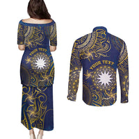 Personalised Nauru Couples Matching Puletasi and Long Sleeve Button Shirt Hibiscus Polynesian Tribal Pattern DT05 - Polynesian Pride