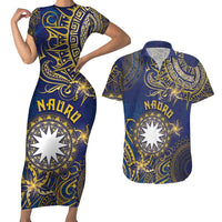 Personalised Nauru Couples Matching Short Sleeve Bodycon Dress and Hawaiian Shirt Hibiscus Polynesian Tribal Pattern DT05 Navy - Polynesian Pride