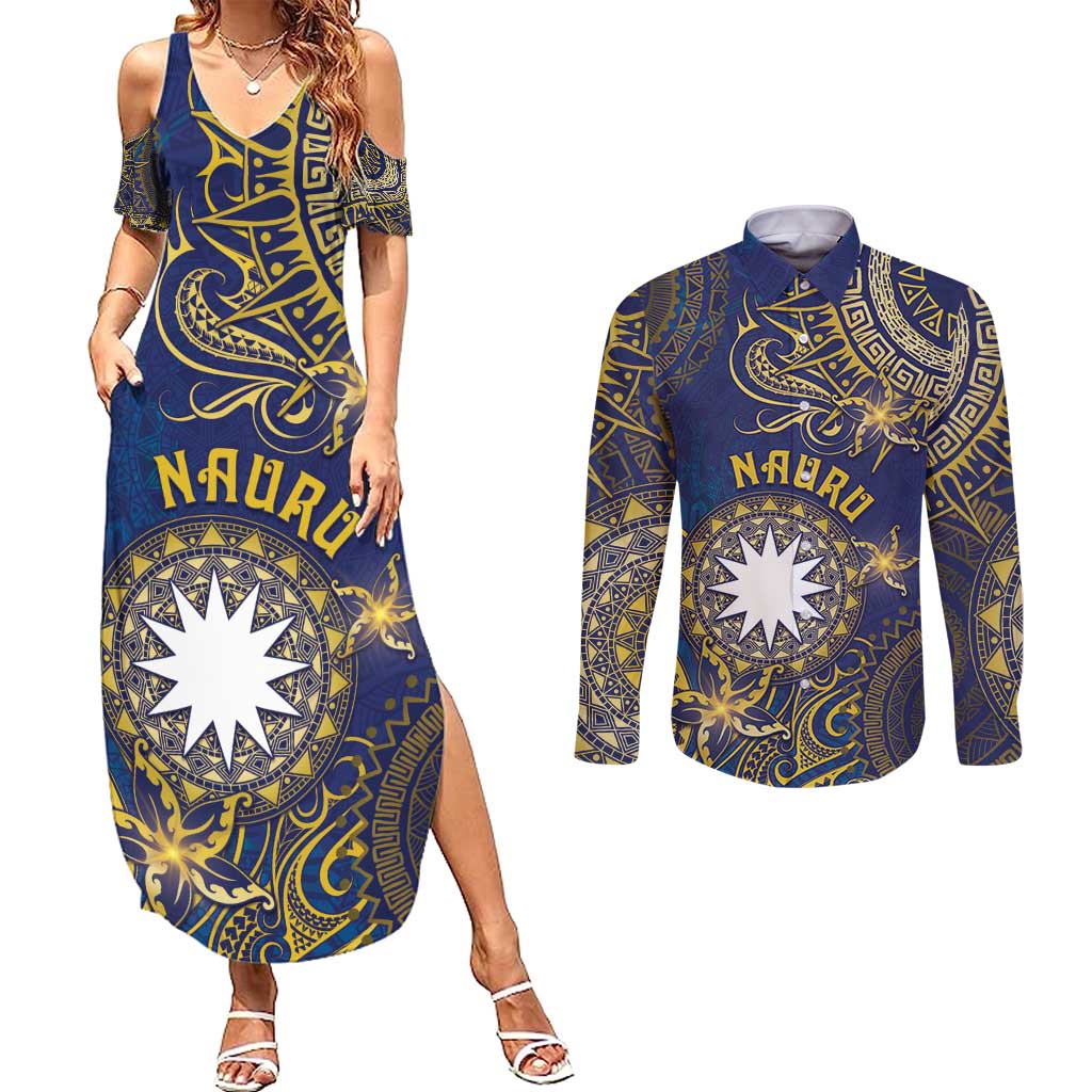 Personalised Nauru Couples Matching Summer Maxi Dress and Long Sleeve Button Shirt Hibiscus Polynesian Tribal Pattern DT05 Navy - Polynesian Pride
