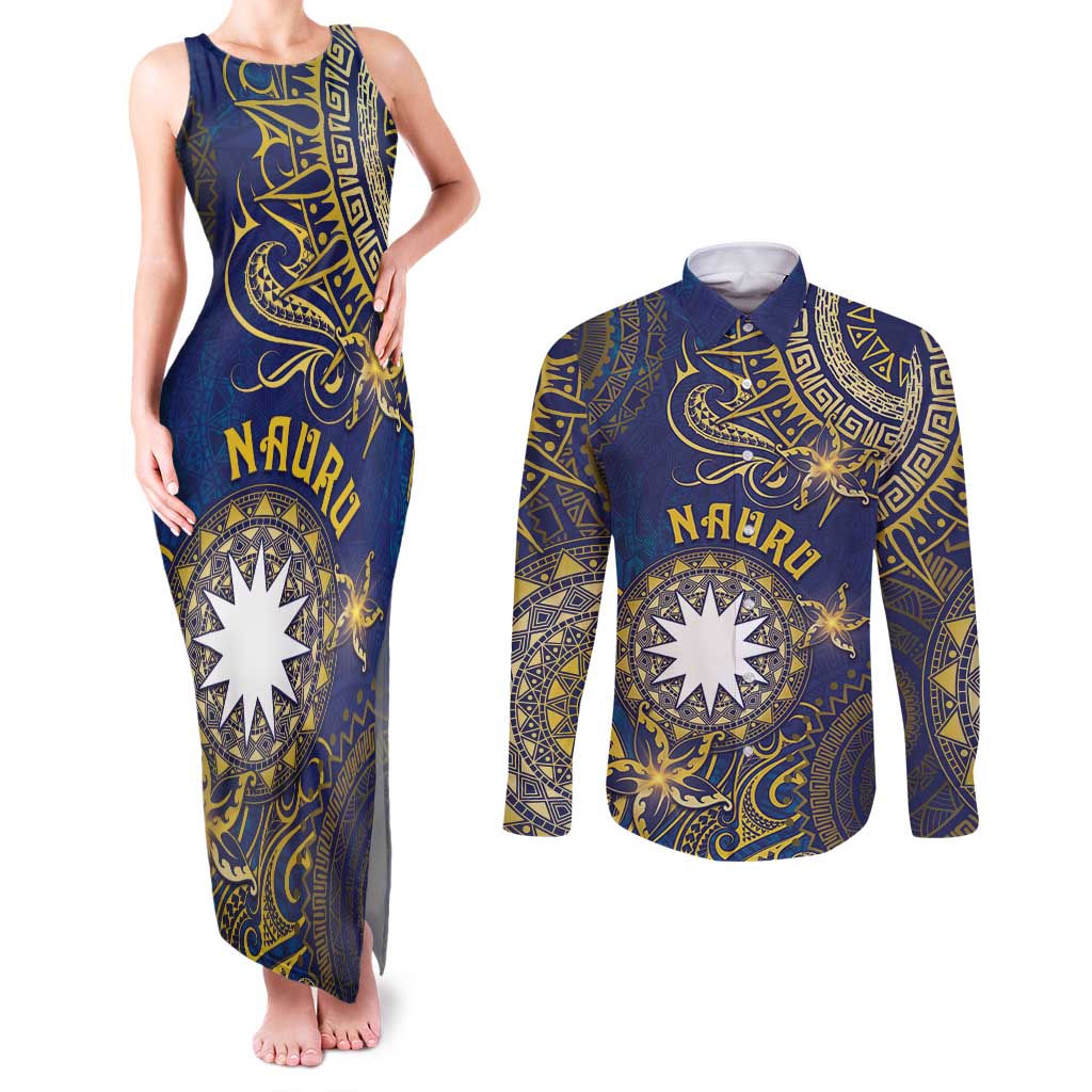 Personalised Nauru Couples Matching Tank Maxi Dress and Long Sleeve Button Shirt Hibiscus Polynesian Tribal Pattern DT05 Navy - Polynesian Pride
