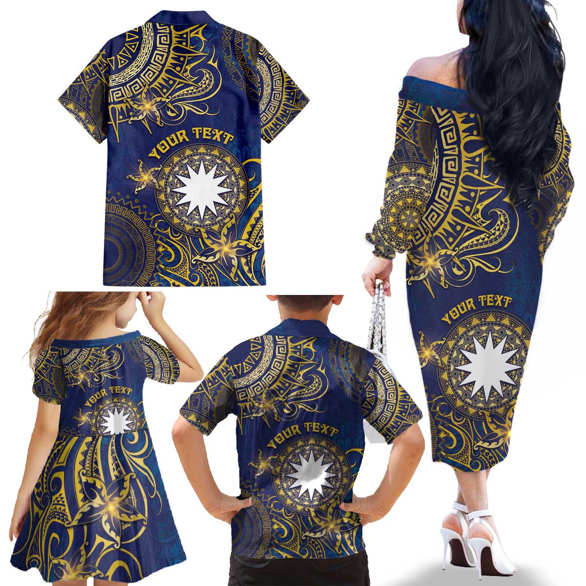 Personalised Nauru Family Matching Off The Shoulder Long Sleeve Dress and Hawaiian Shirt Hibiscus Polynesian Tribal Pattern