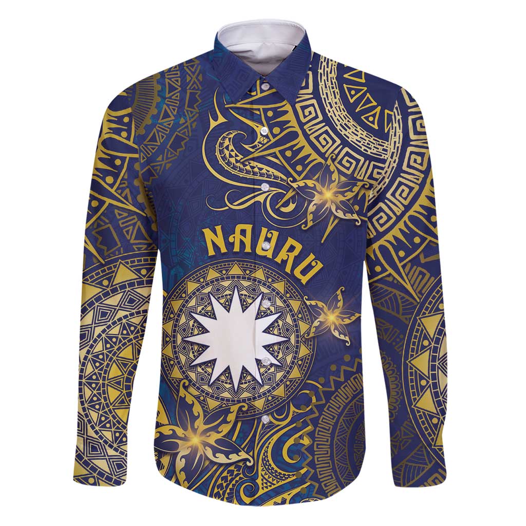 Personalised Nauru Family Matching Puletasi and Hawaiian Shirt Hibiscus Polynesian Tribal Pattern DT05 Dad's Shirt - Long Sleeve Navy - Polynesian Pride