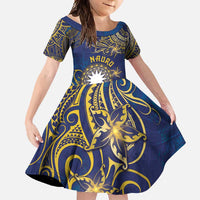 Personalised Nauru Family Matching Short Sleeve Bodycon Dress and Hawaiian Shirt Hibiscus Polynesian Tribal Pattern DT05 Daughter's Dress Navy - Polynesian Pride