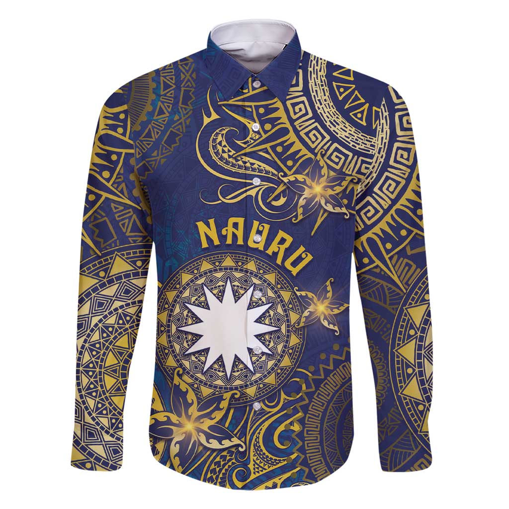 Personalised Nauru Family Matching Short Sleeve Bodycon Dress and Hawaiian Shirt Hibiscus Polynesian Tribal Pattern DT05 Dad's Shirt - Long Sleeve Navy - Polynesian Pride