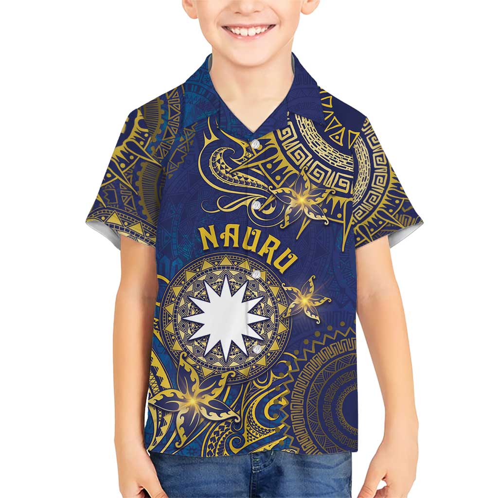 Personalised Nauru Family Matching Short Sleeve Bodycon Dress and Hawaiian Shirt Hibiscus Polynesian Tribal Pattern DT05 Son's Shirt Navy - Polynesian Pride