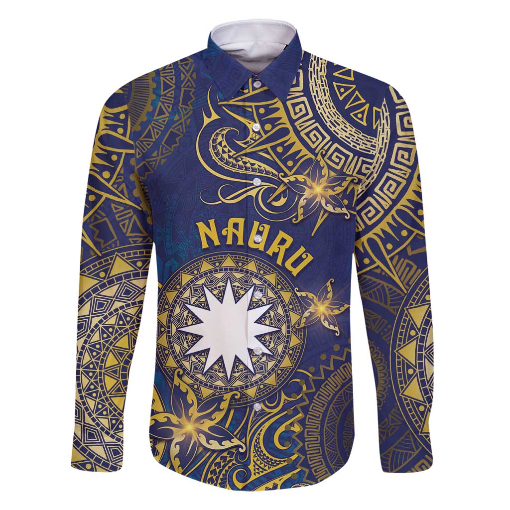 Personalised Nauru Family Matching Summer Maxi Dress and Hawaiian Shirt Hibiscus Polynesian Tribal Pattern DT05 Dad's Shirt - Long Sleeve Navy - Polynesian Pride