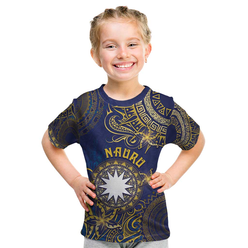 Personalised Nauru Kid T Shirt Hibiscus Polynesian Tribal Pattern DT05 Navy - Polynesian Pride