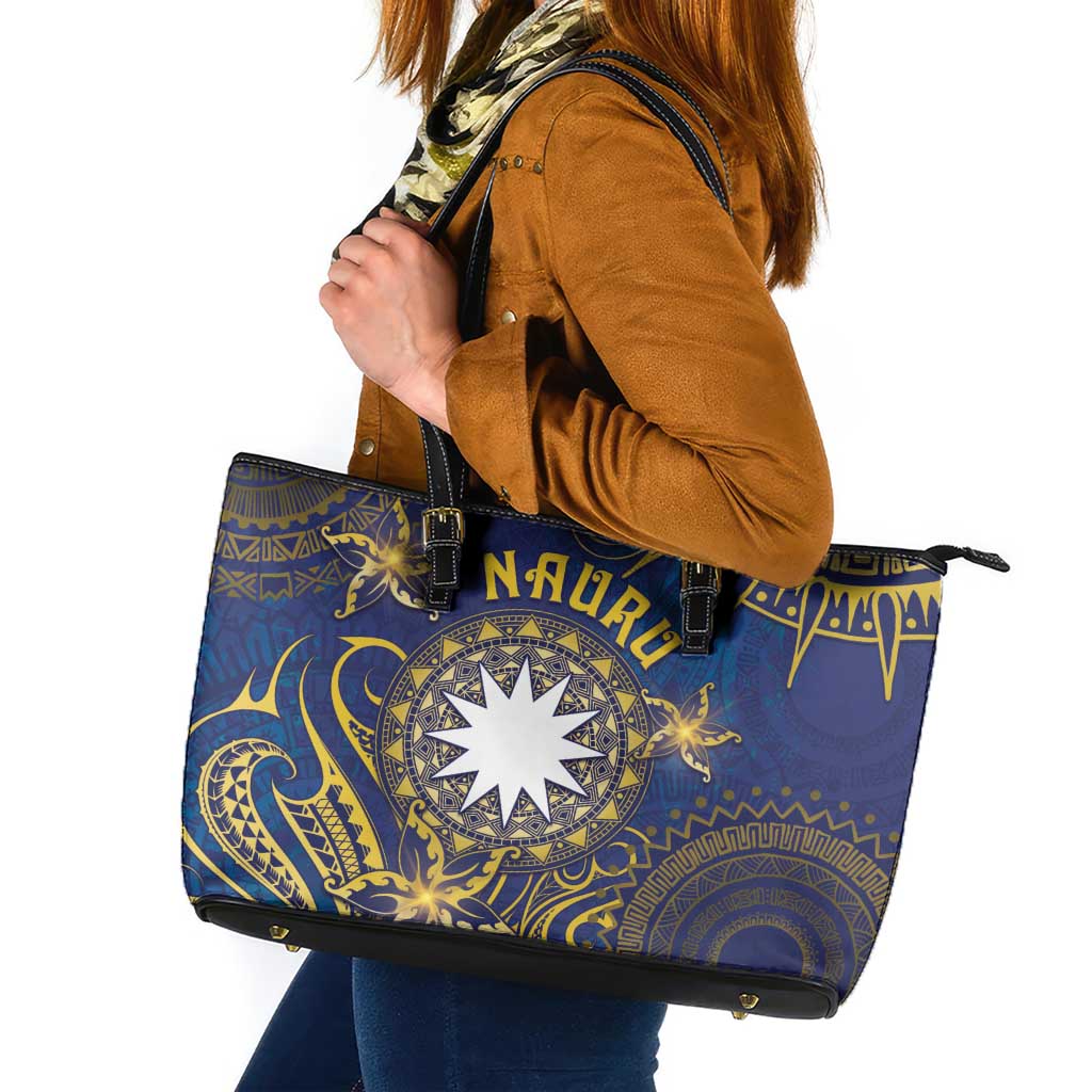 Nauru Leather Tote Bag Hibiscus Polynesian Tribal Pattern DT05 Navy - Polynesian Pride