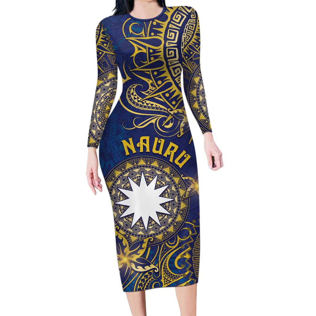 Personalised Nauru Long Sleeve Bodycon Dress Hibiscus Polynesian Tribal Pattern DT05 Long Dress Navy - Polynesian Pride