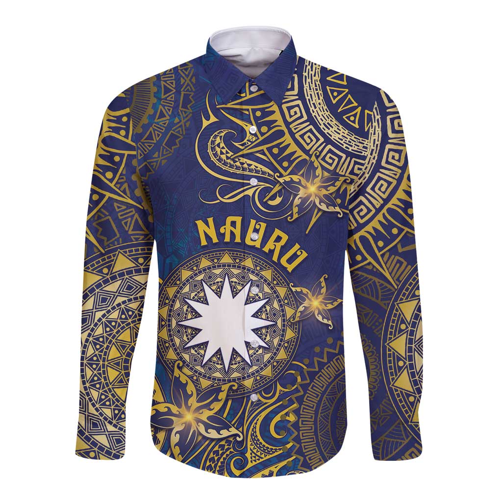 Personalised Nauru Long Sleeve Button Shirt Hibiscus Polynesian Tribal Pattern DT05 Unisex Navy - Polynesian Pride