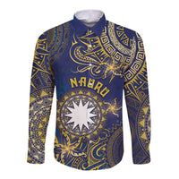 Personalised Nauru Long Sleeve Button Shirt Hibiscus Polynesian Tribal Pattern DT05 Unisex Navy - Polynesian Pride