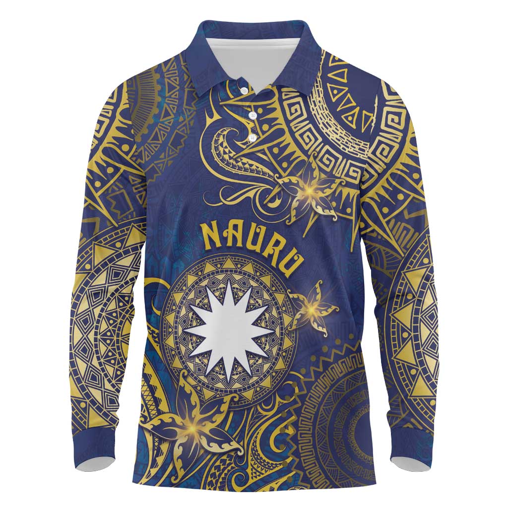 Personalised Nauru Long Sleeve Polo Shirt Hibiscus Polynesian Tribal Pattern DT05 Navy - Polynesian Pride