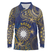 Personalised Nauru Long Sleeve Polo Shirt Hibiscus Polynesian Tribal Pattern DT05 Navy - Polynesian Pride