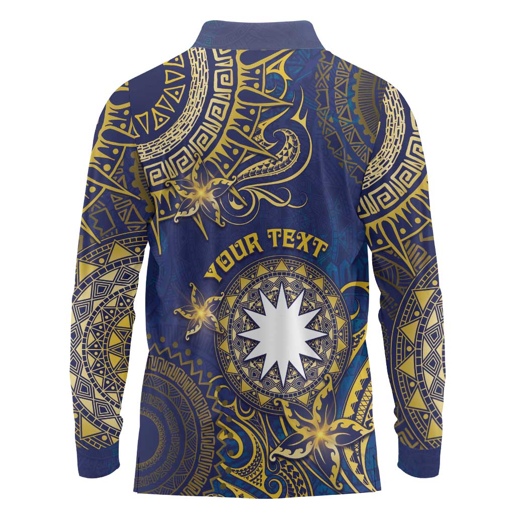 Personalised Nauru Long Sleeve Polo Shirt Hibiscus Polynesian Tribal Pattern DT05 - Polynesian Pride