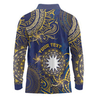 Personalised Nauru Long Sleeve Polo Shirt Hibiscus Polynesian Tribal Pattern DT05 - Polynesian Pride