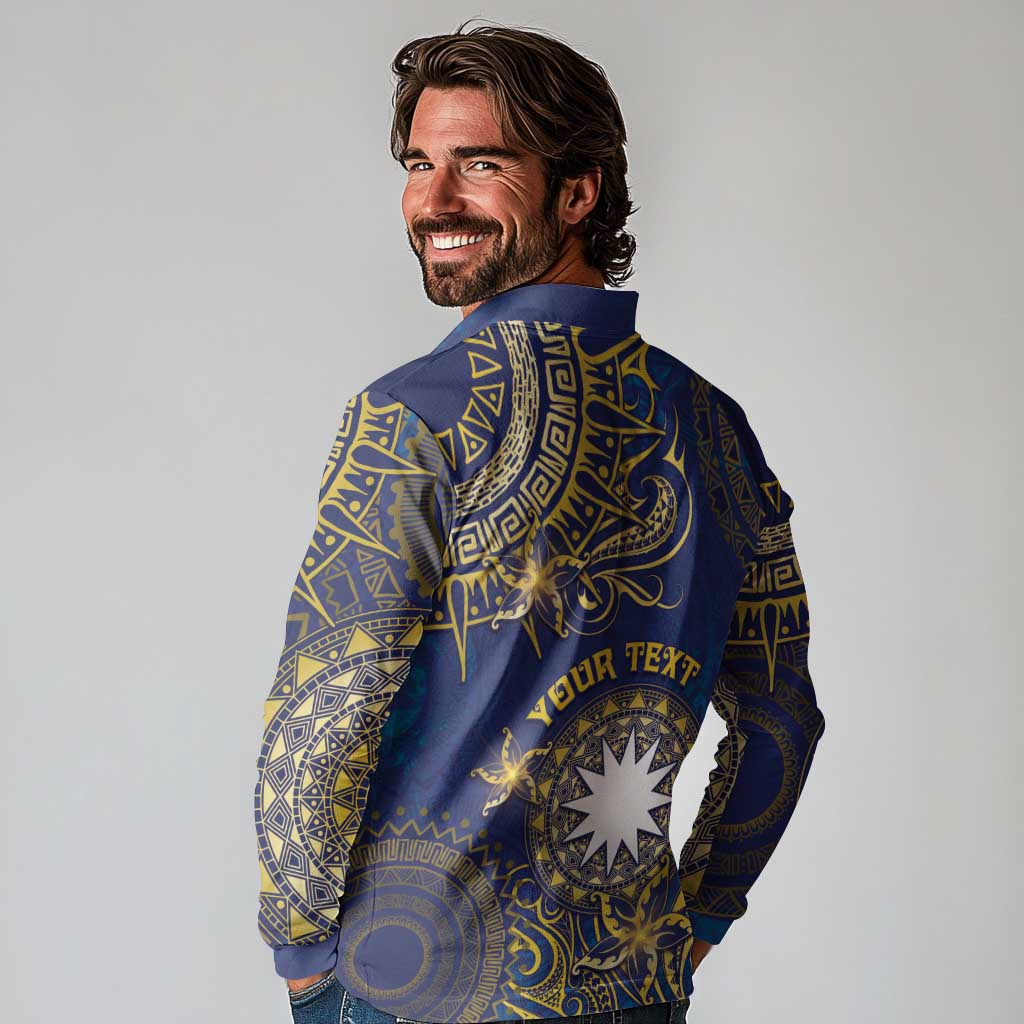 Personalised Nauru Long Sleeve Polo Shirt Hibiscus Polynesian Tribal Pattern DT05 - Polynesian Pride