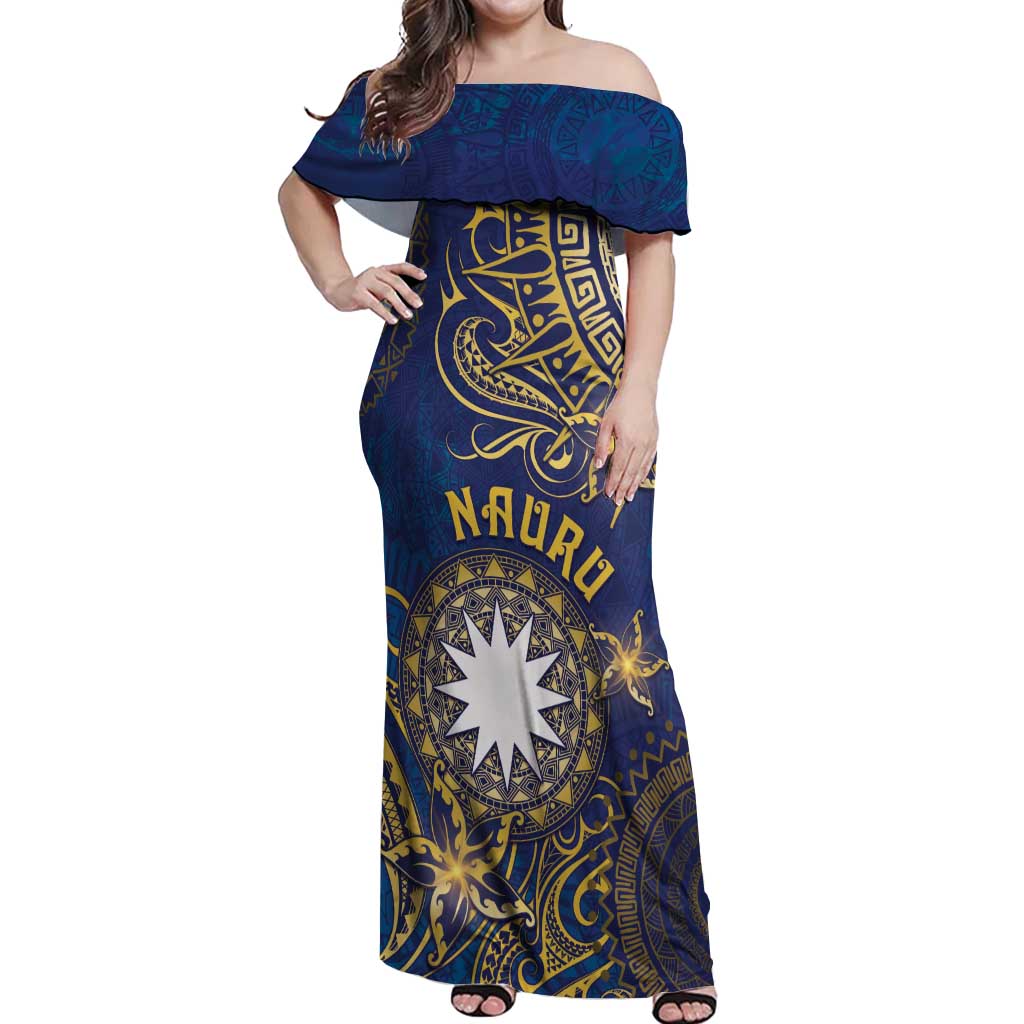 Personalised Nauru Off Shoulder Maxi Dress Hibiscus Polynesian Tribal Pattern DT05 Women Navy - Polynesian Pride