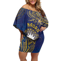 Personalised Nauru Off Shoulder Short Dress Hibiscus Polynesian Tribal Pattern DT05 Women Navy - Polynesian Pride