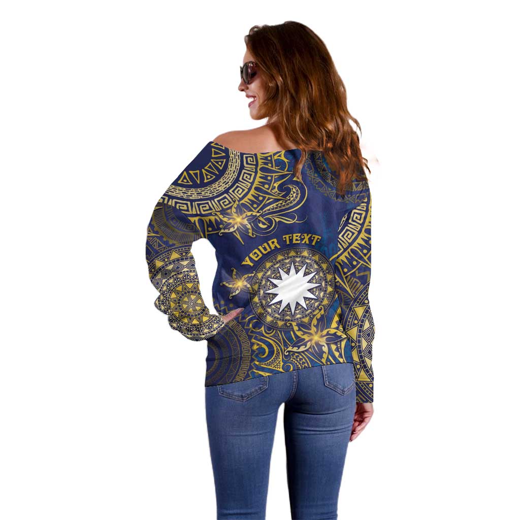 Personalised Nauru Off Shoulder Sweater Hibiscus Polynesian Tribal Pattern