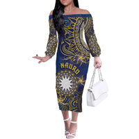 Personalised Nauru Off The Shoulder Long Sleeve Dress Hibiscus Polynesian Tribal Pattern DT05 Women Navy - Polynesian Pride