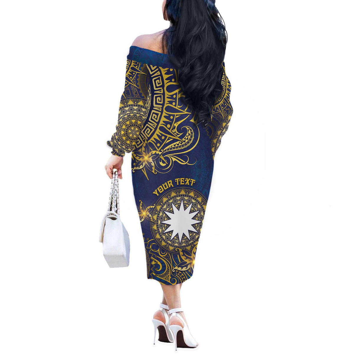 Personalised Nauru Off The Shoulder Long Sleeve Dress Hibiscus Polynesian Tribal Pattern DT05 - Polynesian Pride