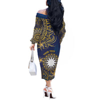 Personalised Nauru Off The Shoulder Long Sleeve Dress Hibiscus Polynesian Tribal Pattern DT05 - Polynesian Pride