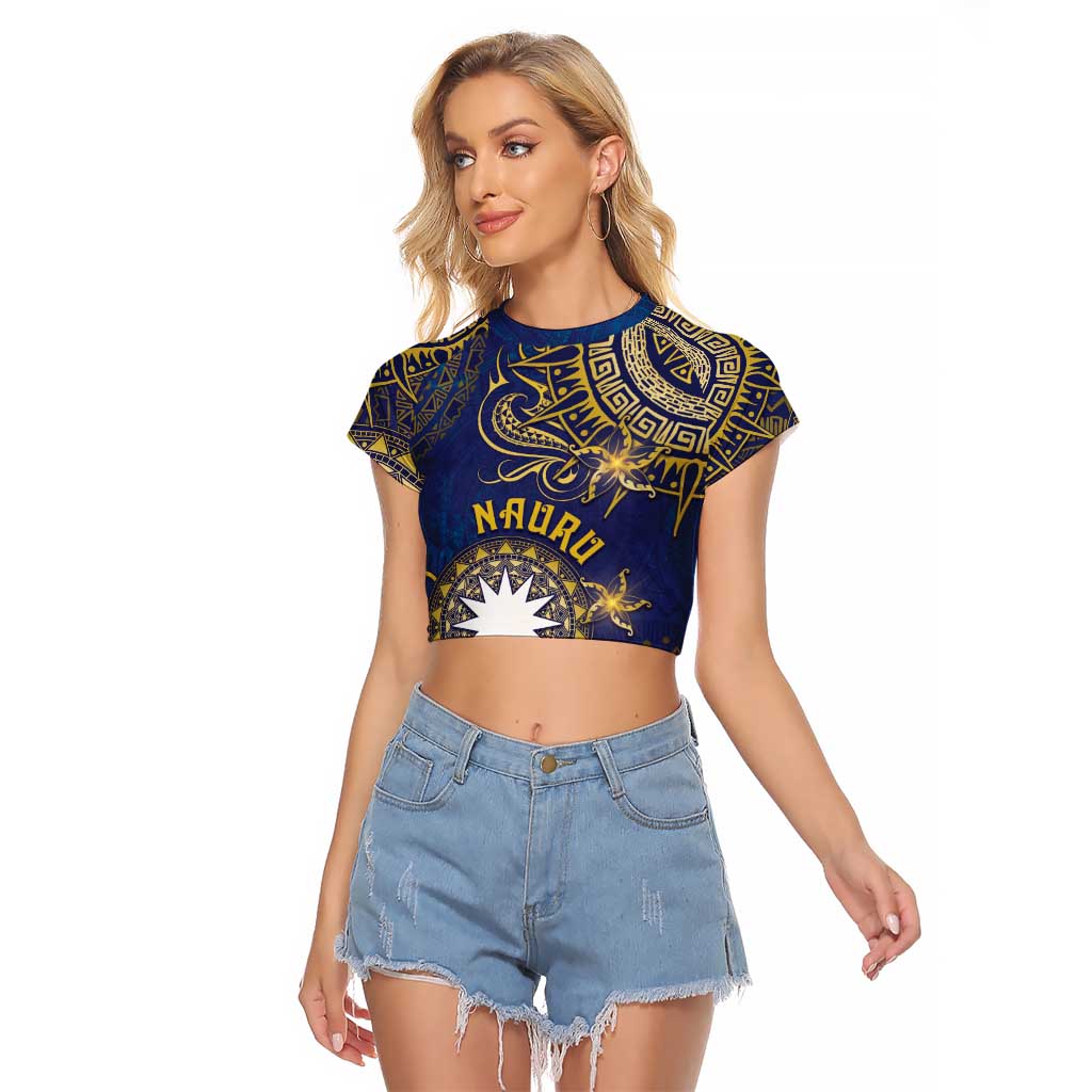Personalised Nauru Raglan Cropped T Shirt Hibiscus Polynesian Tribal Pattern DT05 Female Navy - Polynesian Pride