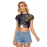 Personalised Nauru Raglan Cropped T Shirt Hibiscus Polynesian Tribal Pattern