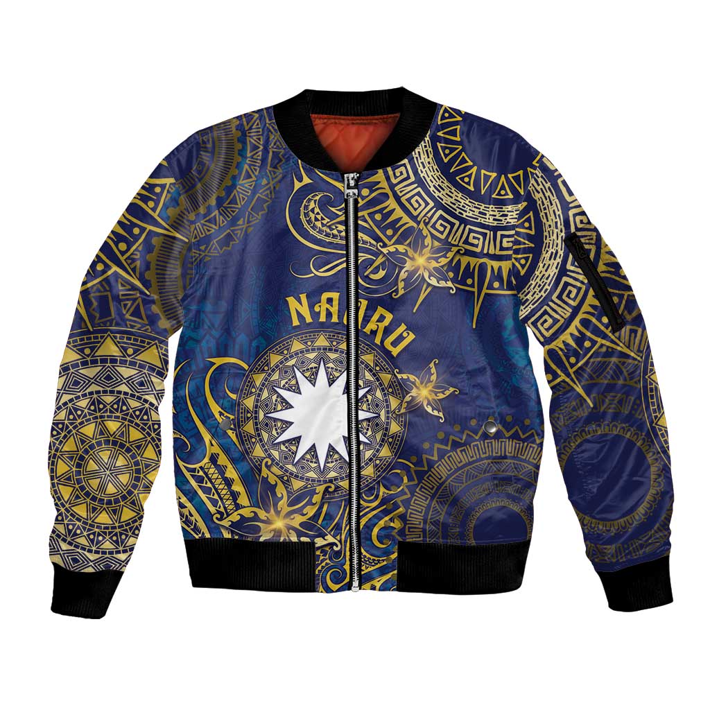 Personalised Nauru Sleeve Zip Bomber Jacket Hibiscus Polynesian Tribal Pattern DT05 Unisex Navy - Polynesian Pride