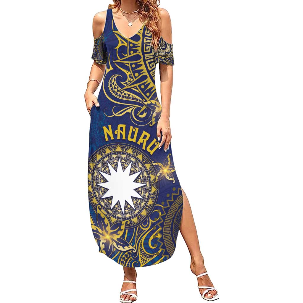 Personalised Nauru Summer Maxi Dress Hibiscus Polynesian Tribal Pattern DT05 Women Navy - Polynesian Pride